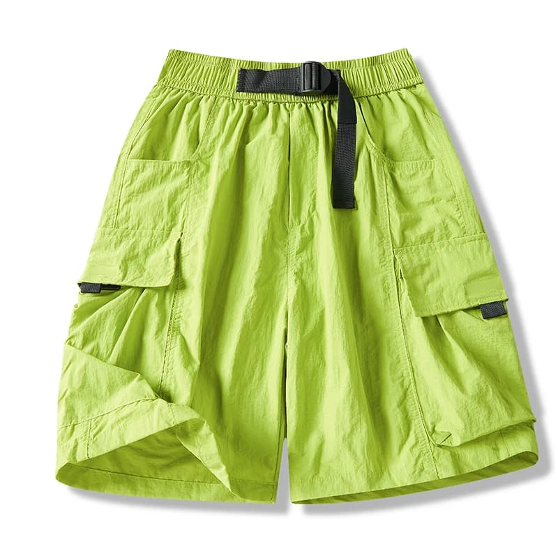 Y2K Neon Green Cargo Shorts Men High Waist Baggy Utility Shorts with Belt Flap Pockets Streetwear Fashion Beach Five-point Pants