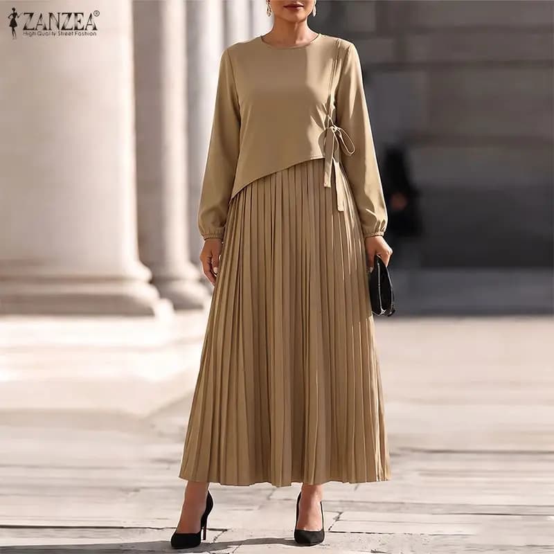 ZANZEA Plus Size Women O Neck Long Sleeve Pleated Sundress Elegant Solid Color Loose Maxi Long Dress Stylish A Line OL Work Robe