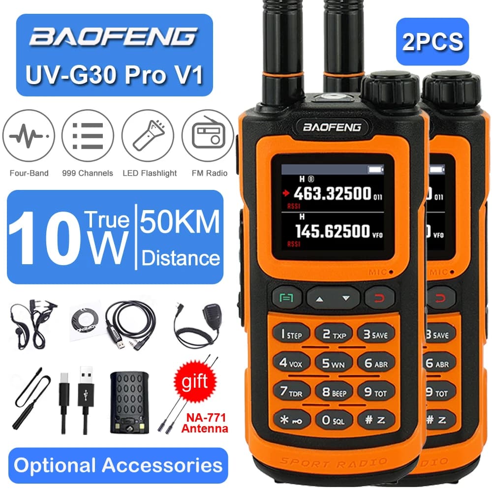 2PCS Baofeng 10W Walkie Talkie quattro bande Radio portatili a lungo raggio Copy Frequency 999CH LCD NOAA Radio a 2 vie UV-G30 Pro V1