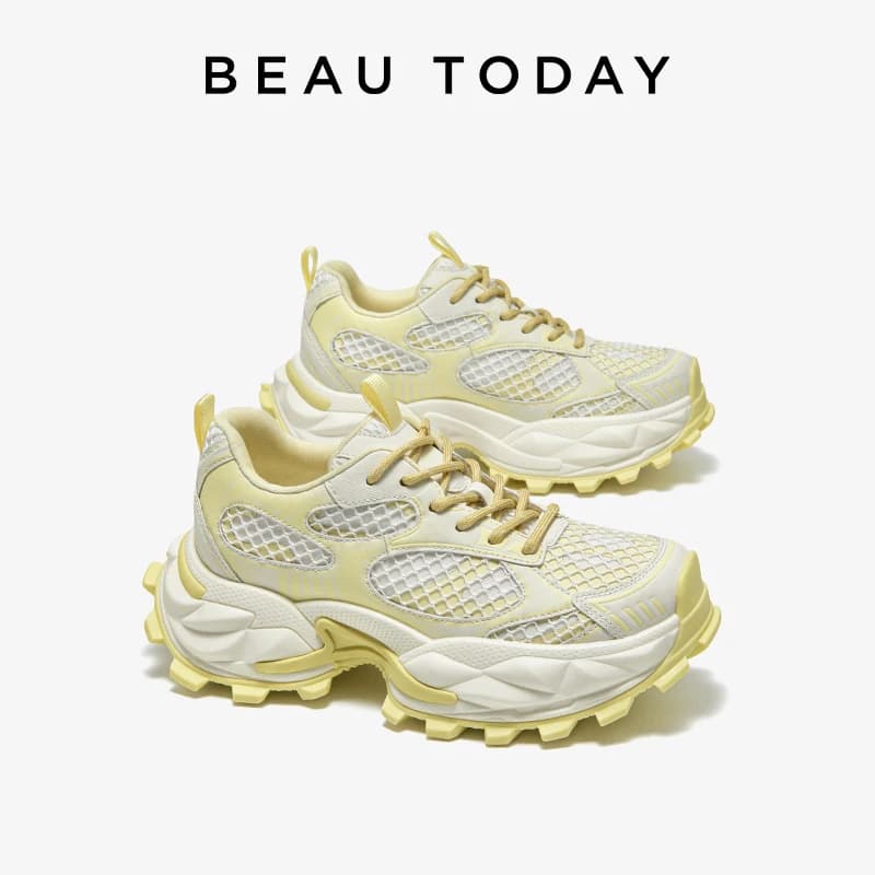 BEAUTODAY Sneakers Chunky da donna con suola in pelle spaccata, tinta unita, punta tonda, scarpe da donna con lacci fatte a mano 29A94