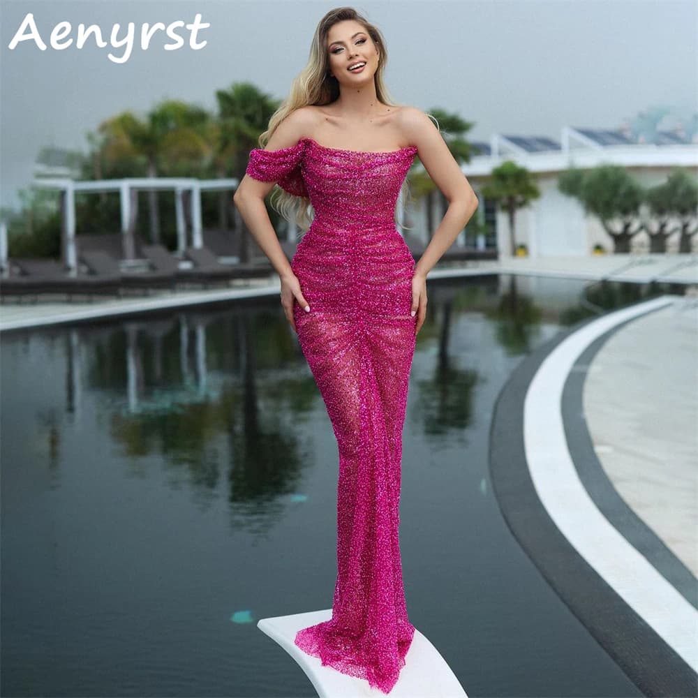 Aenyrst Abito da Sera Sexy Rosa Acceso Monospalla con Perline, Vestito a Sirena Aderente, Lunghezza Pavimento, Scintillante per Feste Formali