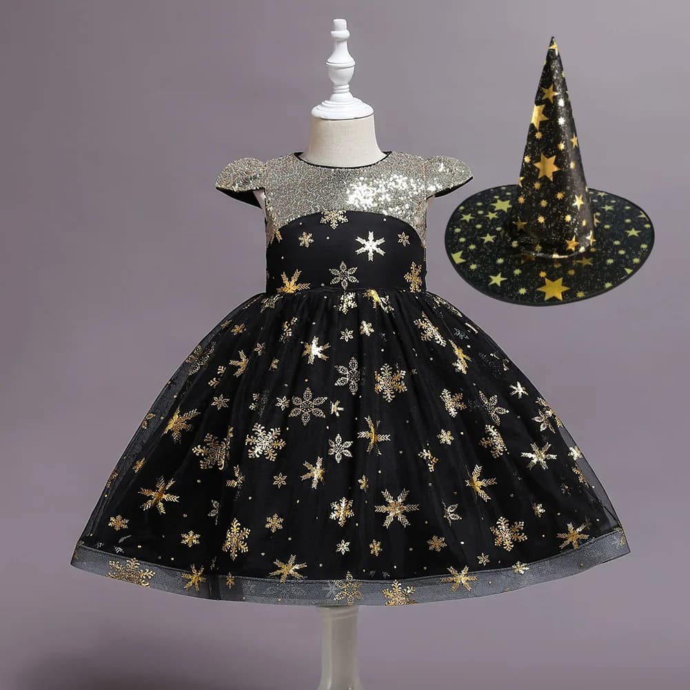 Girls Halloween Witch Costume Sequin Snowflake Tulle Princess Dress+Hat Kids Cosplay Outfit for Carnival Party Stage Performance