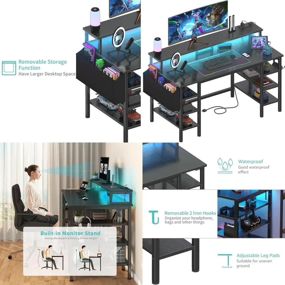 Scrivania per Computer Illuminata a LED da 47 Pollici con Spazio di Archiviazione e Prese di Corrente, Tavolo da Scrittura per Ufficio Domestico e Gaming PC