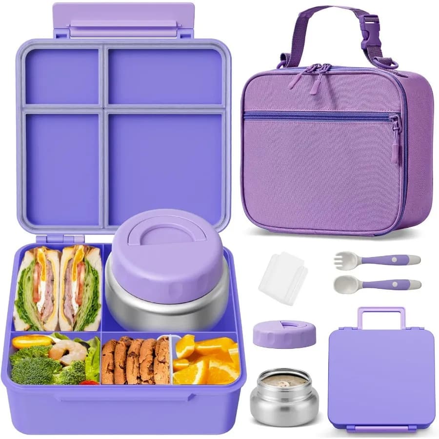 Lunch Box Bento per bambini con thermos, Bento Box per bambini a tenuta stagna con barattolo per alimenti isolato da 9 OZ, borsa per il pranzo e utensili da 3 o 4 scomparti