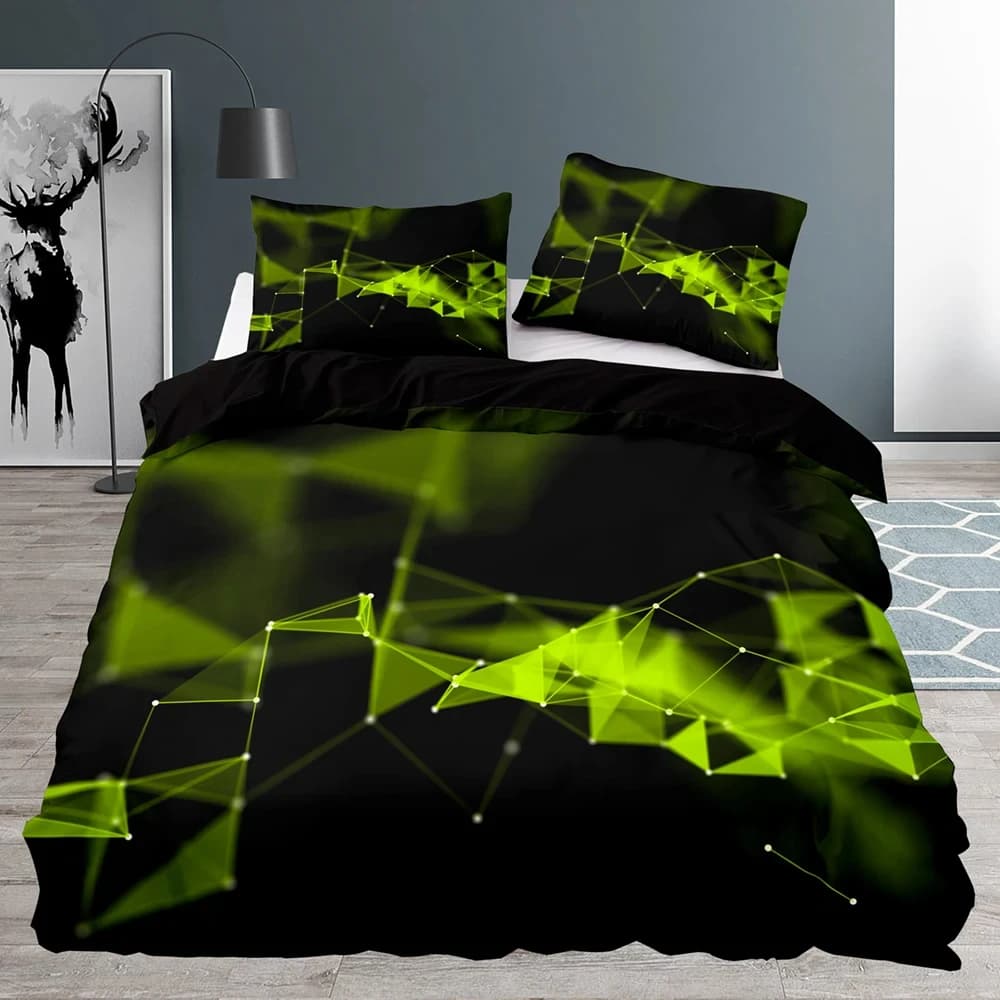 Black Queen Size Cover, duvet with abstract blue geometric pattern for bedroom 220x240 with bed linen set with pillowcase