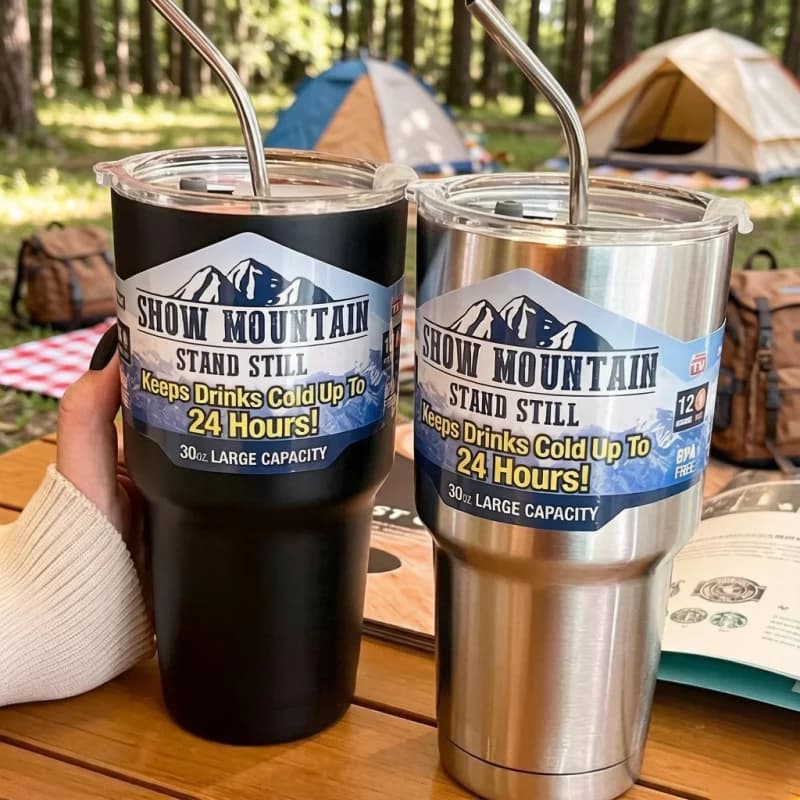 Magic Stainless Steel Freeze Thermos Cup with Straw, Ice Coffee Drink Vacuum Insulated Bottle for Car Travel Outdoor Mountain