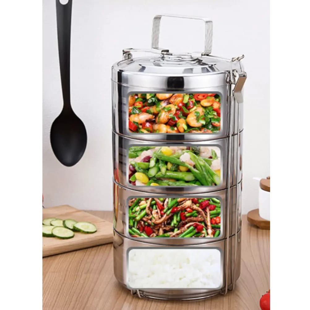 Contenitore Termico per Pranzo a 4 Livelli in Acciaio Inox, Design Compatto Portatile, Mantenimento del Calore, Scomparti Anti-Inquinamento