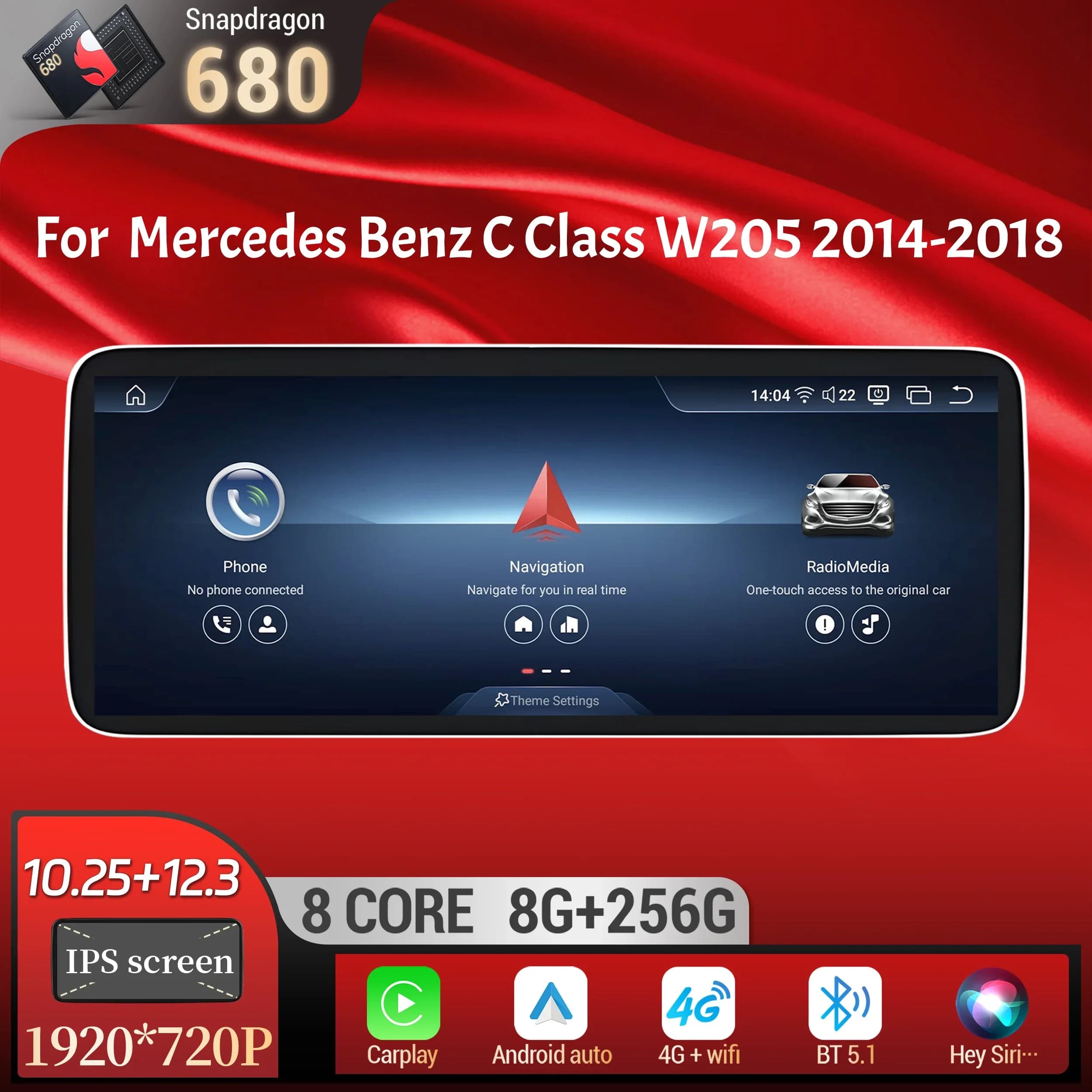 Android 13 For Mercedes Benz C Class W205 2014-2018 Car Radio Wireless Carplay Snapdragon 680 CPU SM6225 Head Unit Touch Screen