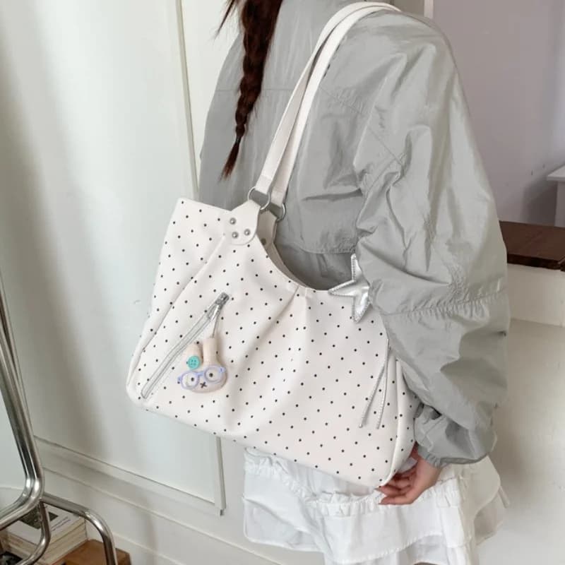 Polka Dot Tote Bag Korean Fashion Large Capacity Shoulder Bag Magnetic Clasp Handbag Casual Versatile Commuter Bag Star Pendant