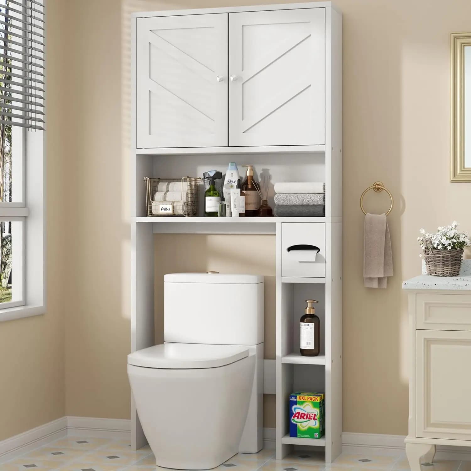Mobiletto da bagno sopra il WC con ante scorrevoli, ripiani regolabili, porta carta igienica, dispositivo anti-ribaltamento, bianco