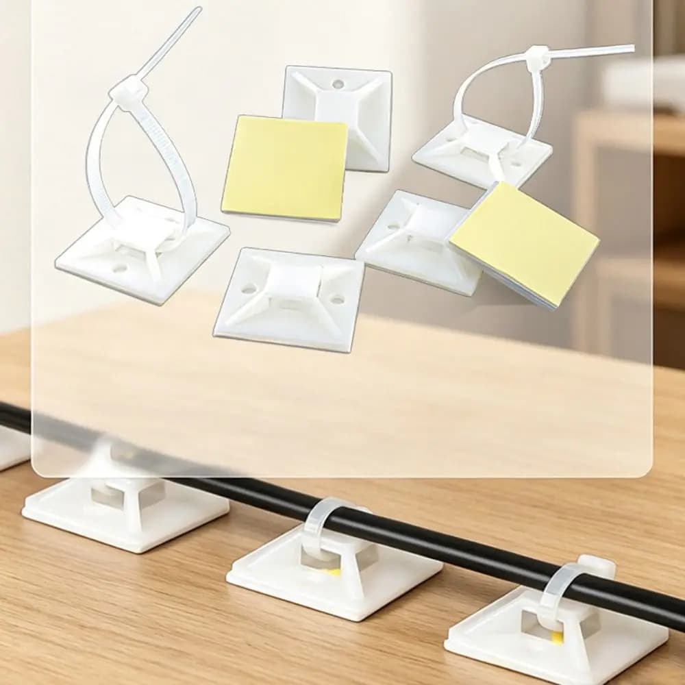 100 Pack Premium Sticky Backs Cable Tie Mounts Set Waterproof PVC Zip Tie Bases Super-Adhesive Wire Management Mounts Indoor