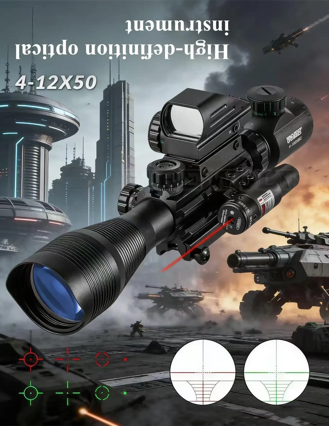 Telescopio zoom HD 4-12x50, mirino ottico tattico a doppia luce rosso e verde con reticolo, lente ingranditrice antiurto con laser integrato