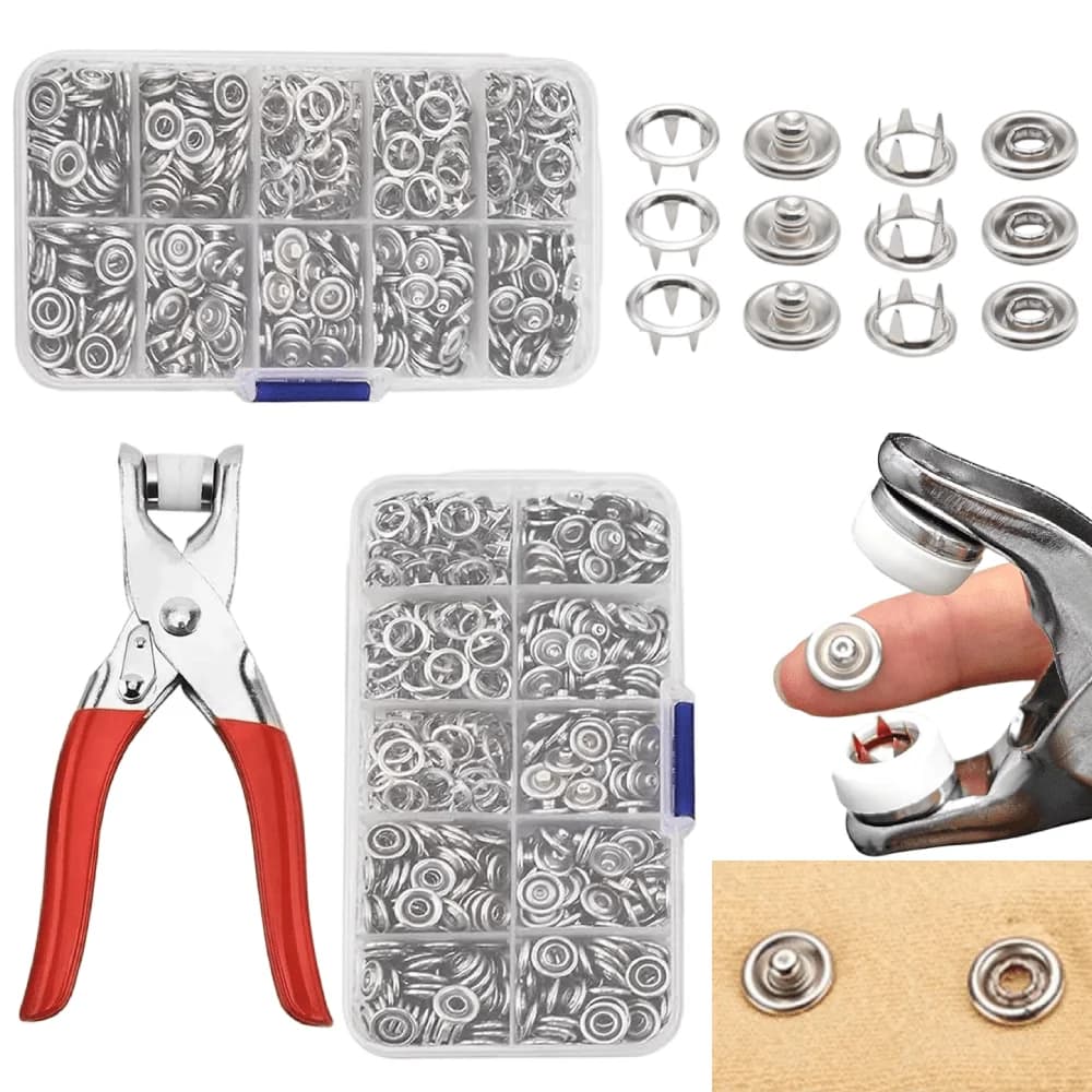 Kit di 200 Bottoni a Pressione - Bottoni Metallici da 9,5mm con Pinze e Utensile a Pressione - Perfetti per Fai-da-Te, Abbigliamento, Cappelli - Facile Installazione