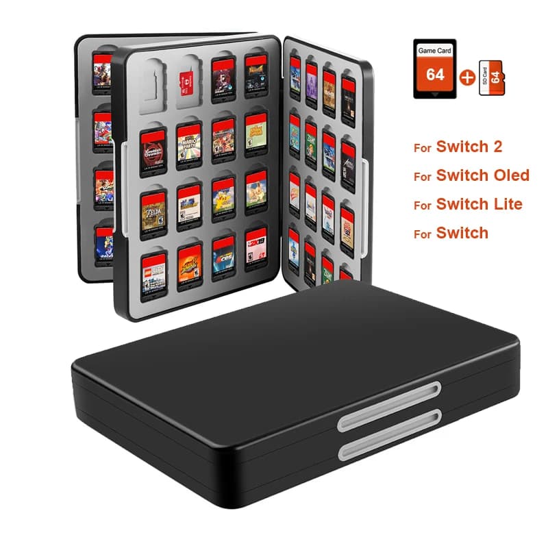 Custodia da gioco 64 in 1 per Switch 2/Switch/Lite/OLED con 64 slot per cartucce e 64 slot per schede Micro SD, guscio rigido con rivestimento in silicone