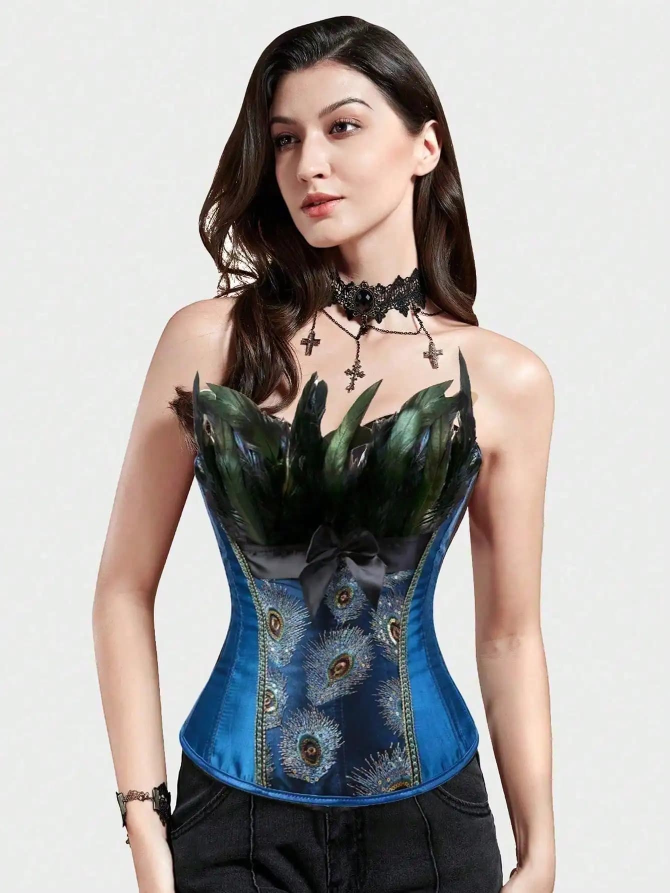 Cintura Elegante da Donna in Stile Tropicale con Motivo a Pavone - Materiale in Pizzo Vintage, Design in Raso Blu Navy, Accessorio Divertente per Outfit di San Valentino