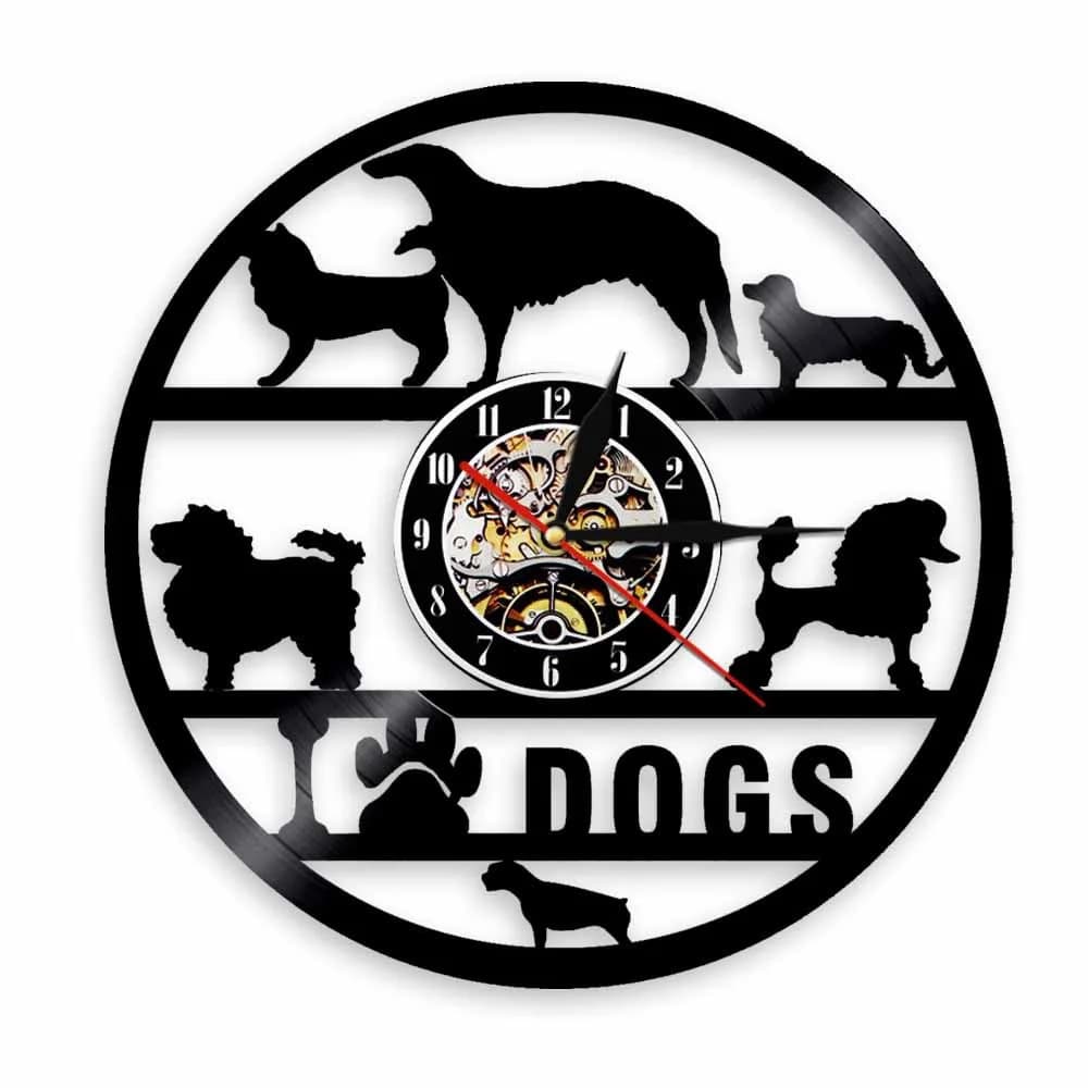Cute Dogs Vinyl Record Wall Clock Retro Dog Breed Silhouette Art Clocks Creative Pet Shop Living Room Decor Puppy Lover Gift