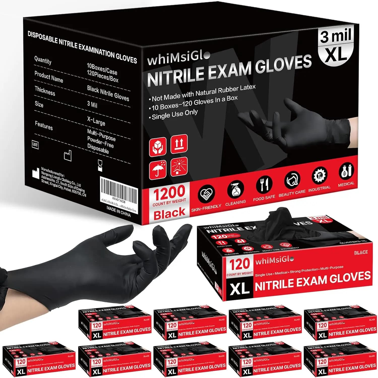 Guanti Monouso in Nitrile Nero, Senza Lattice e Senza Polvere, 3 Mil, 1200 Pezzi, Grado Alimentare per Uso Medico e Cucina
