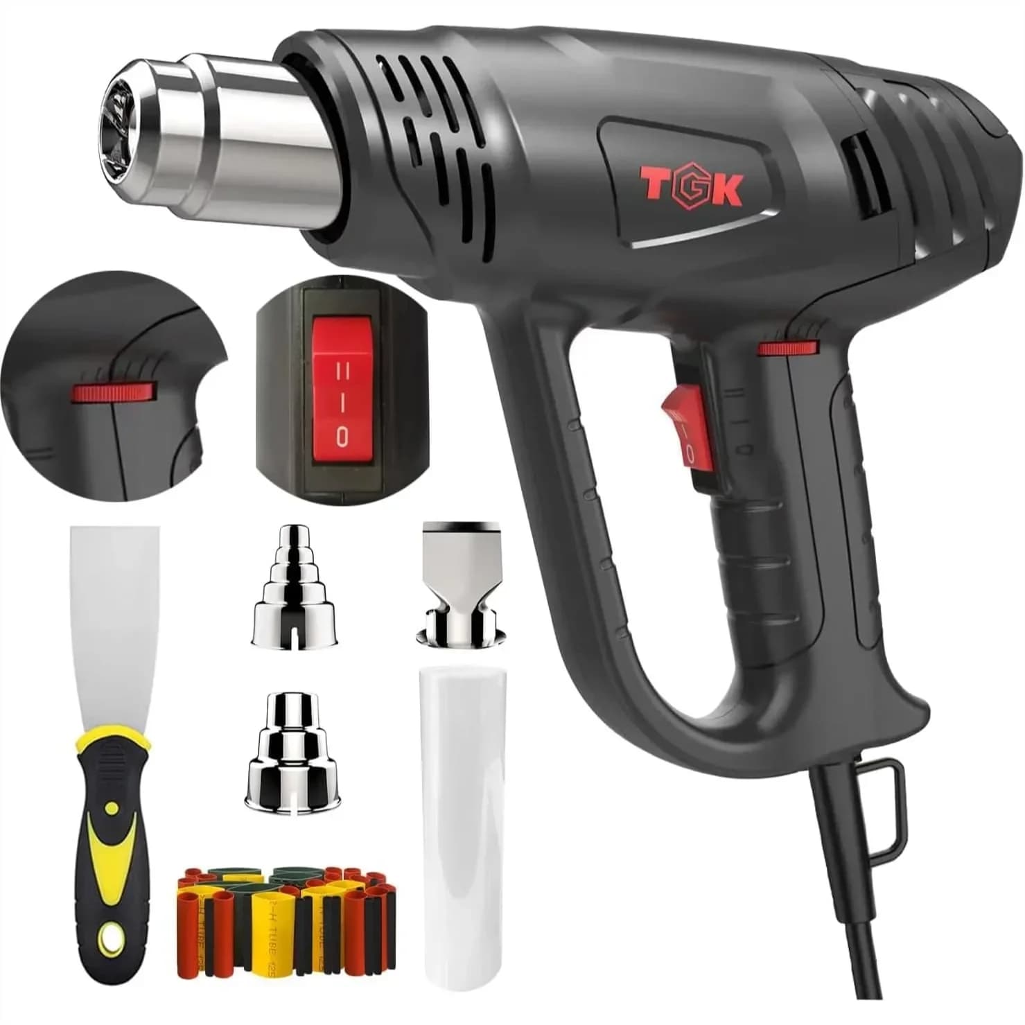 1800W Heat Gun Variable Temperature 122℉-1202℉ with 3 Nozzles Overload Protection for Shrink Wrap Paint Removing Epoxy Resin