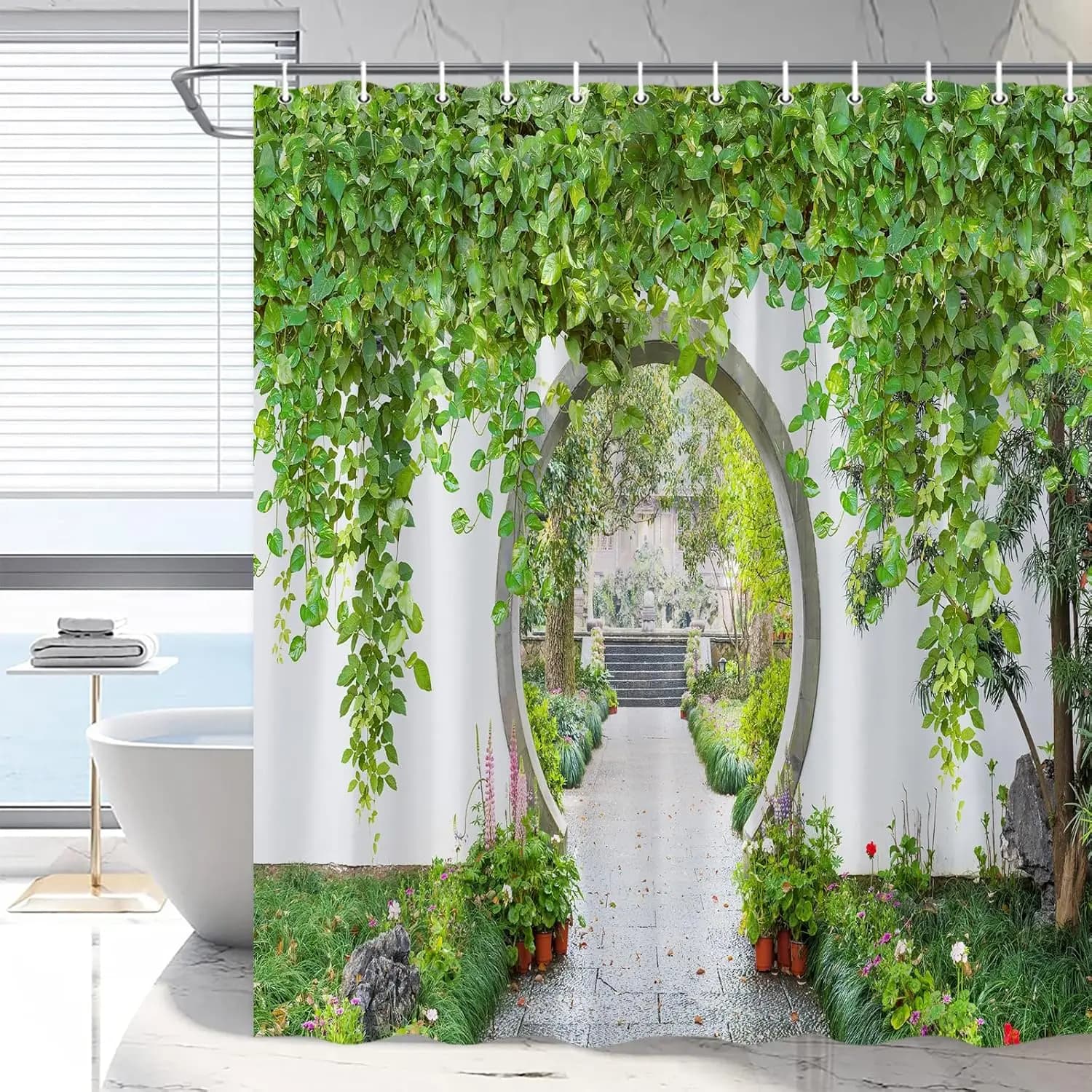 Tenda da doccia per cortile con foglie verdi, stile cinese, scenario estivo, arco, fiore, pianta, vite, decorazione per il bagno, poliestere impermeabile