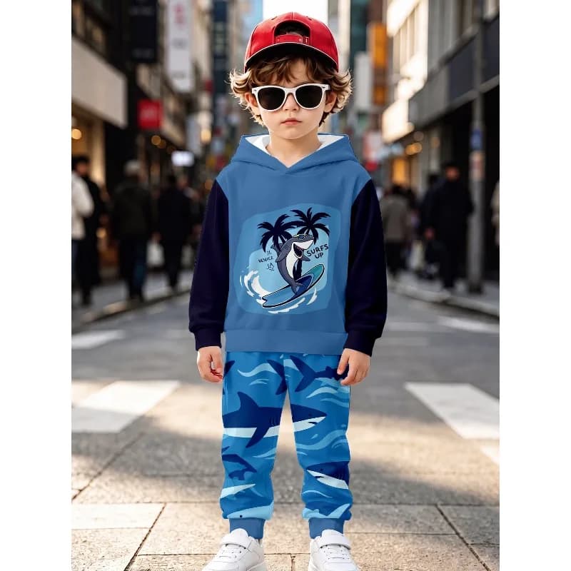 Boys 2Pcs Hoodie Jogger Tracksuit Shark Christmas Theme Print Kids Sportswear Suitable for Outdoor, Birthday Gift