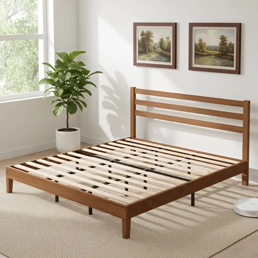 Solid wood double bed base with headboard, does not need a slats net, with sturdy wooden slats of 1100 pounds support