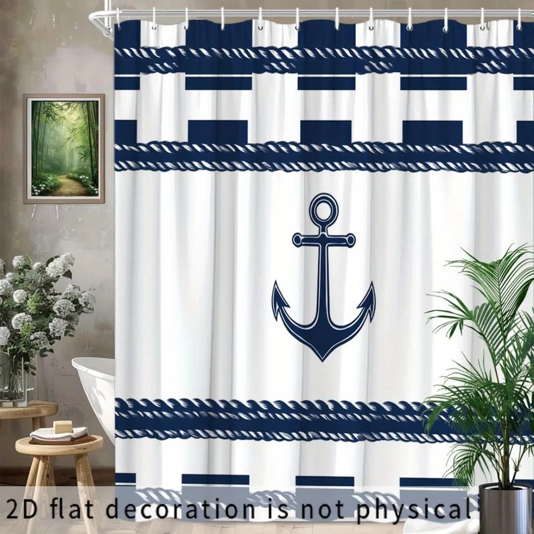 2D Flat, 2D Flat, 2D Flat Shower Curtain 1pc, Nautical Shower Curtain with Anchor And Rope Ocean Design - Deep Blue Marine-Theme