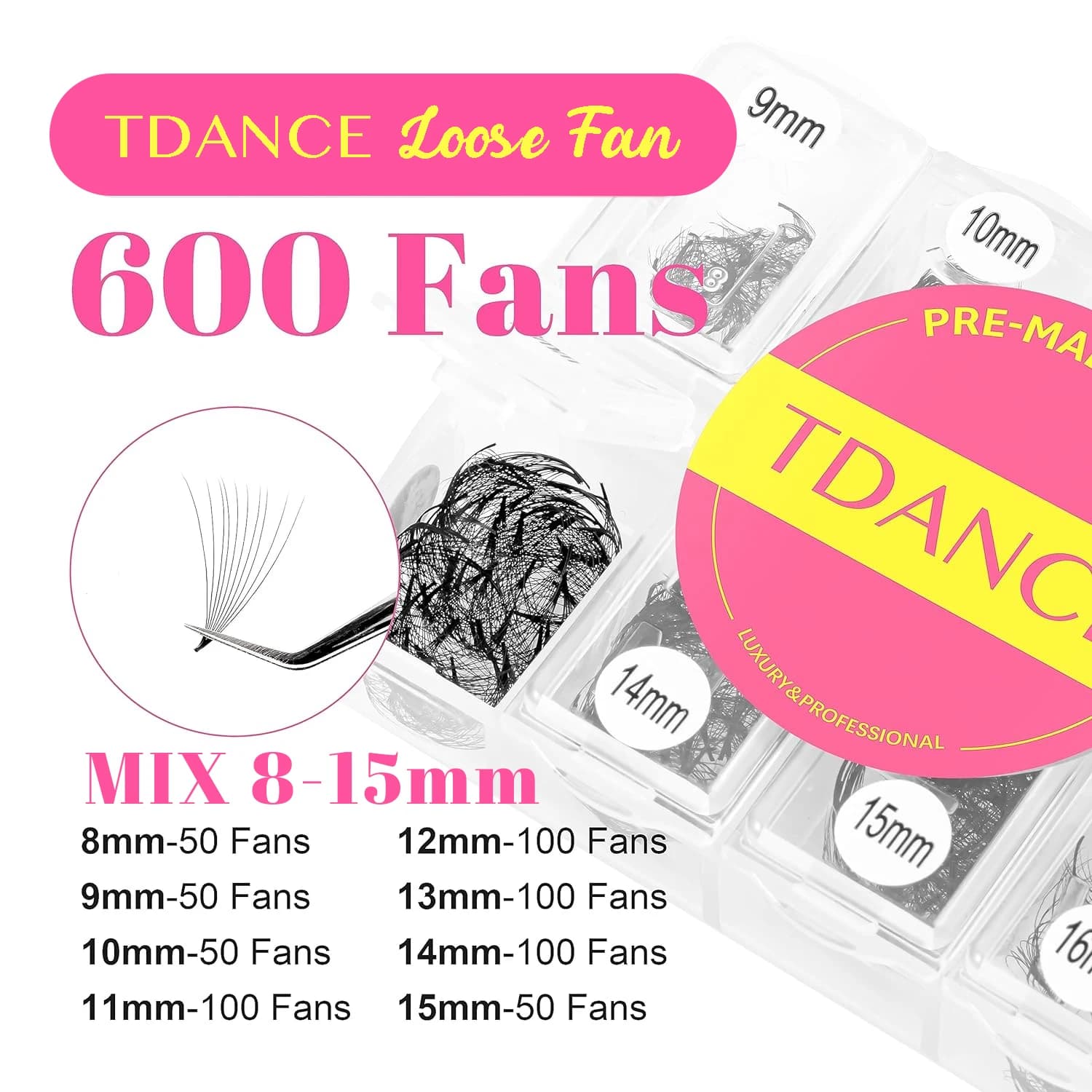 TDANCE 600 Ventole Ventaglio Sciolto Lunghezza Mista Sottile Base Media Gambo A Punta Affilato Premade Volume Russo Ventagli Sciolti Estensioni Ciglia