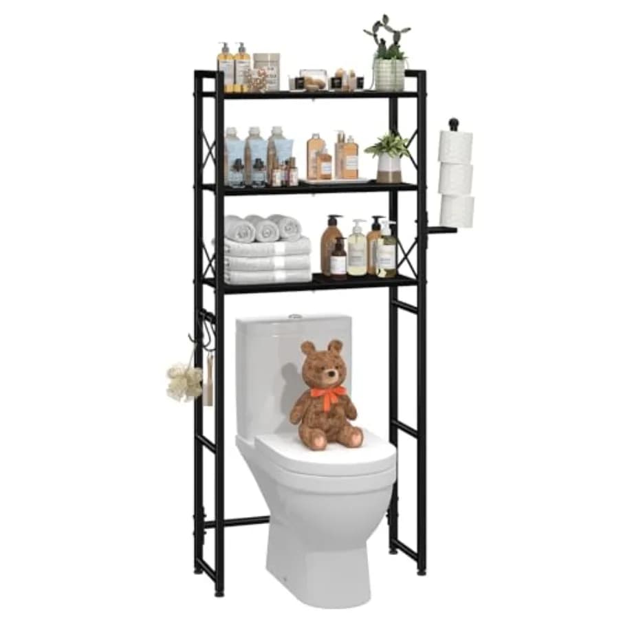 Scaffale portaoggetti da posizionare sopra il WC con porta carta igienica, scaffale organizer da bagno in metallo resistente con ganci, nero