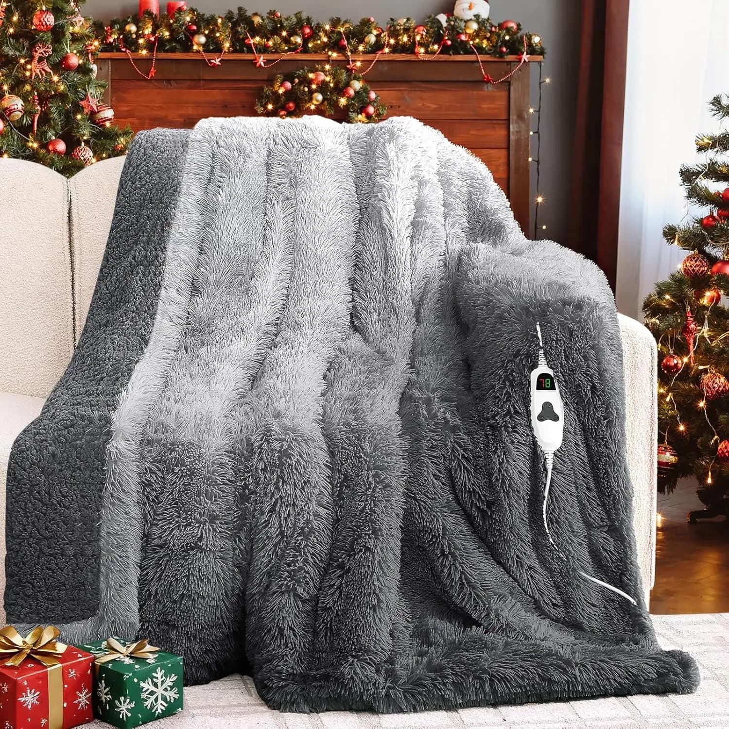 Coperta Riscaldante Singola con Pelliccia Sintetica e Sherpa, 10 Impostazioni di Calore, 5 Timer, Lavabile - Foggy Dusk