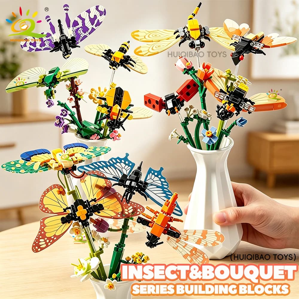 HUIQIBAO City Creativity Insect Bouquet Bonsai Building Blocks Potted Plant Flower Bouquet Bricks Model Home Decoration Toy Kid