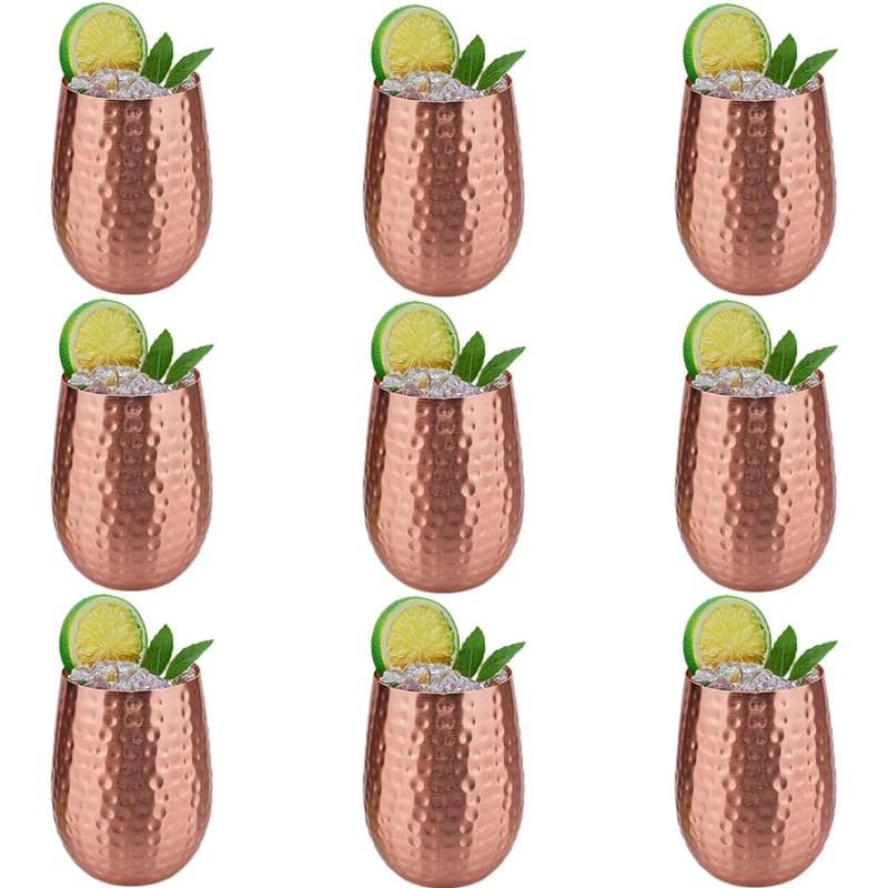 9 tazze da mulo di Mosca martellate in rame puro da 400 ml: tazze da cocktail dal design senza base per bevande ghiacciate, bar di casa e set regalo di bicchieri