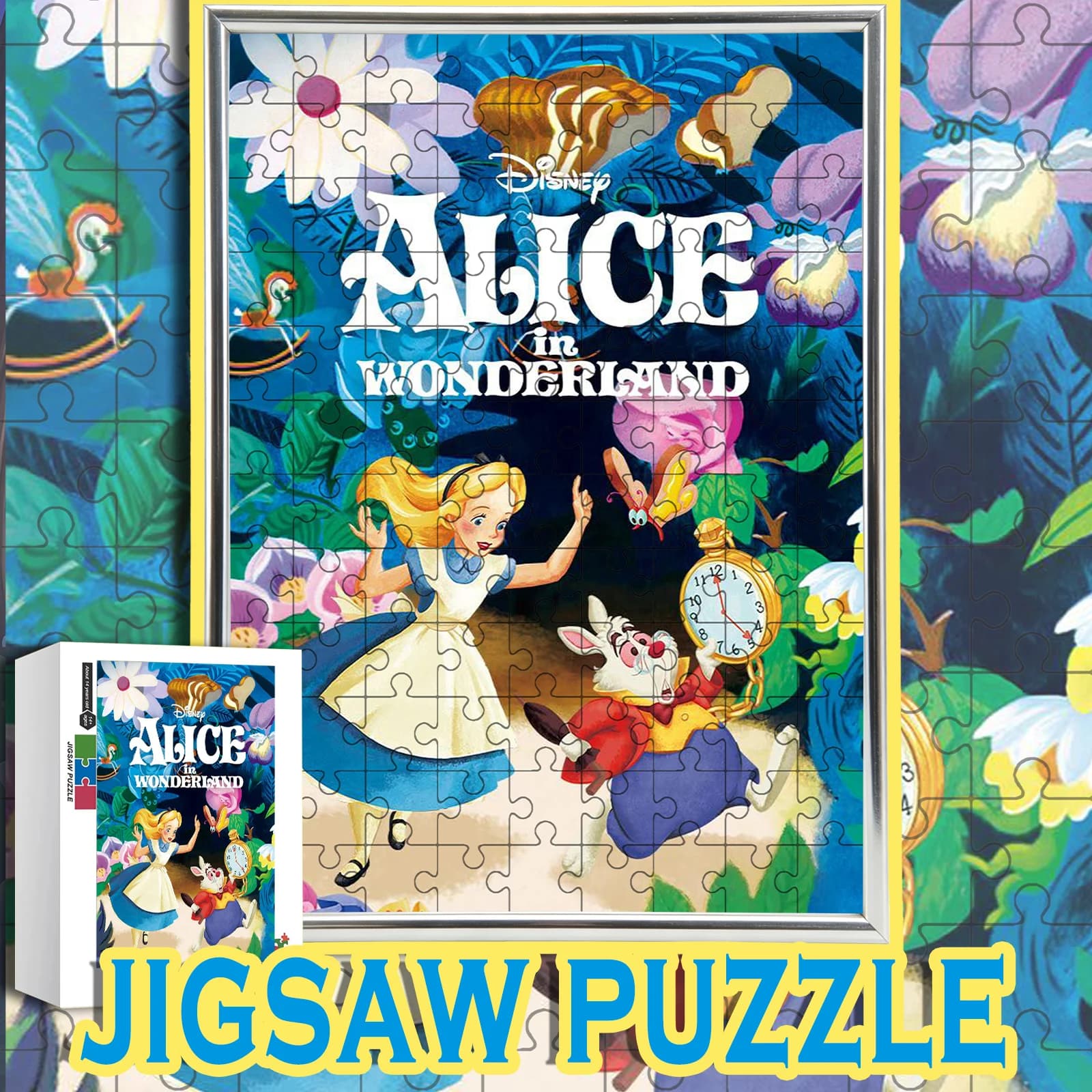 Puzzle in Legno Alice nel Paese delle Meraviglie, Coniglio Bianco, Fantasia Floreale, Fiaba, 108/200/300/500/1000 Pezzi, Scatola Colorata