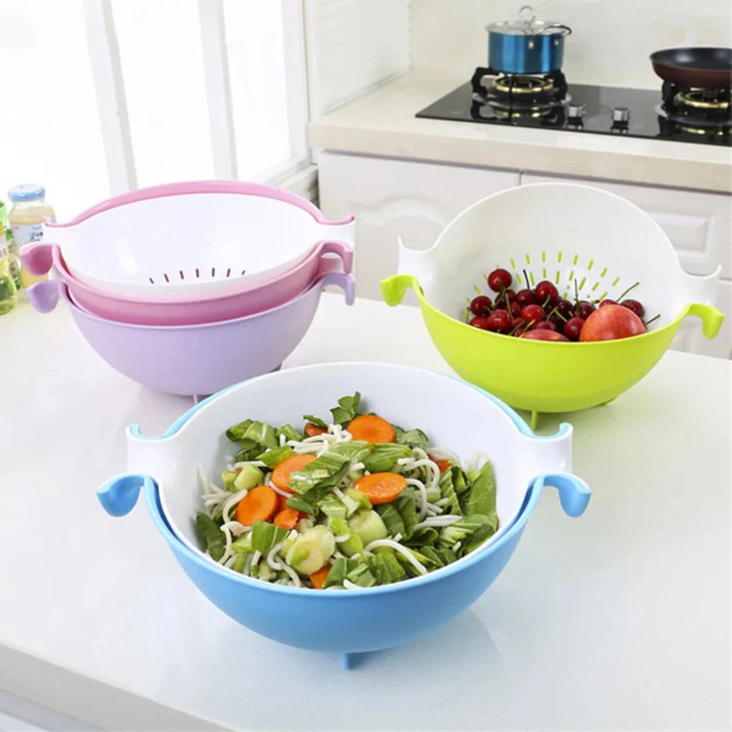 Organizzatore per cesto di frutta a doppio scarico Contenitore per alimenti Contenitore per cucina in plastica Arredamento per la casa