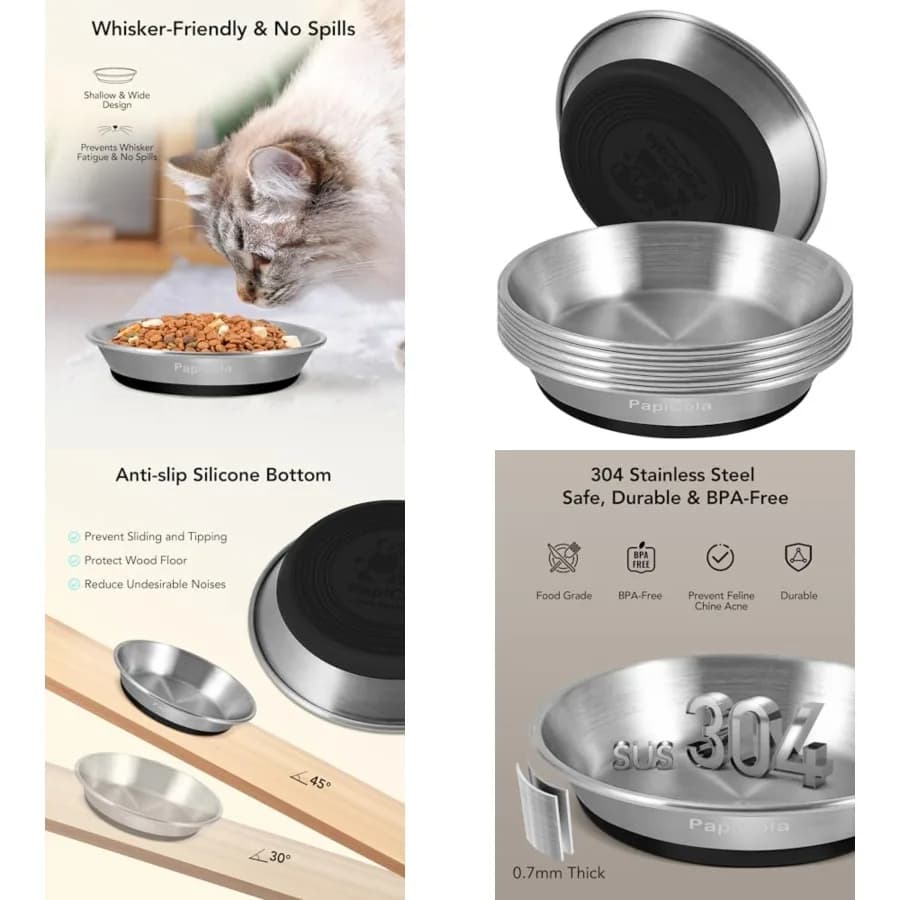 Ciotole per Gatti in Acciaio Inox 6 Pezzi, Piatti Antiscivolo per Cibo, Ciotole in Metallo per Cibo e Acqua per Animali Domestici, Amichevoli con i Naselli, Larghe e Poco Profonde