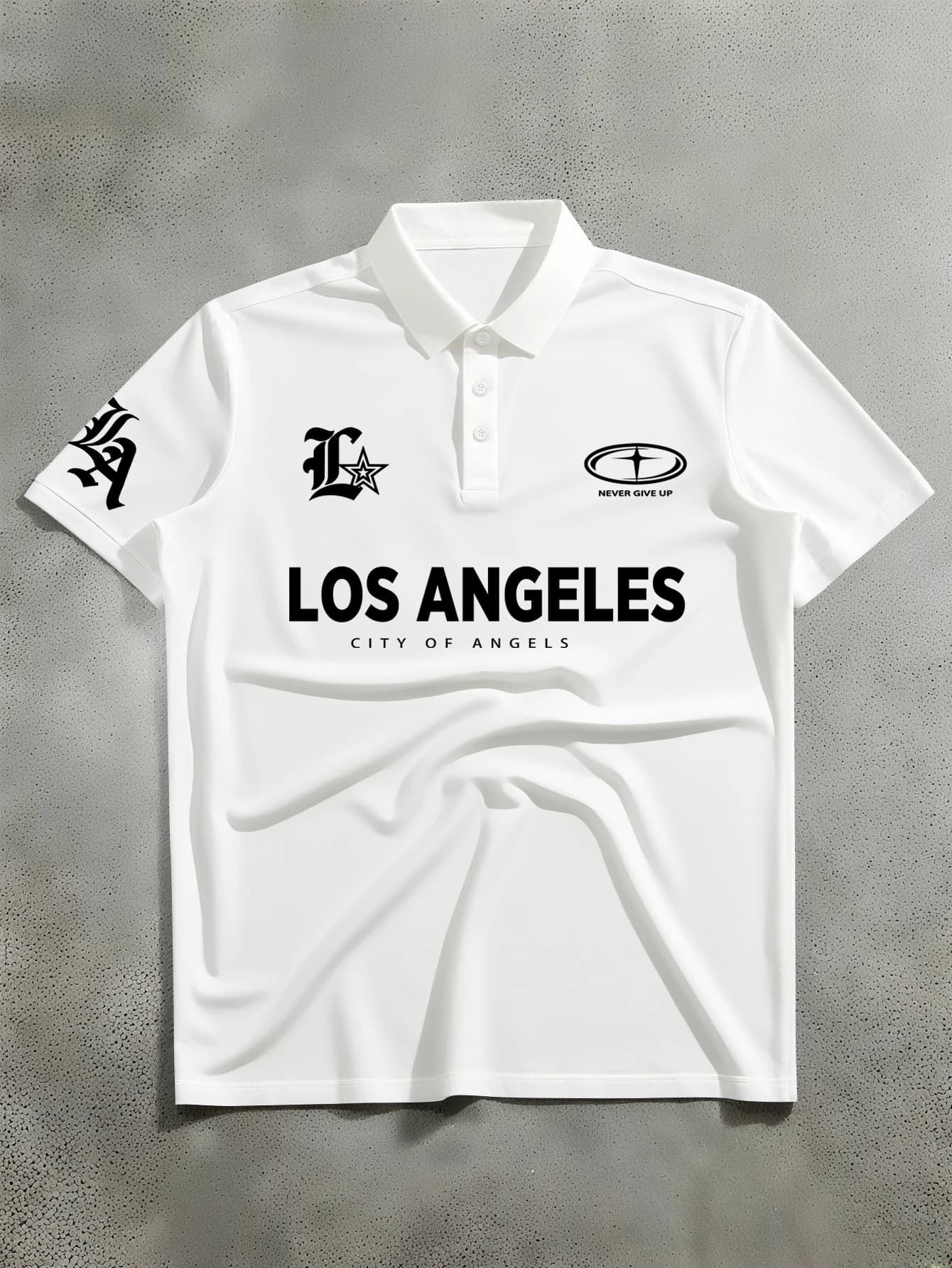 Men Los Angeles City Of Angels LA Star Never Give Up Sleeve Print Short Sleeve Polo Shirt S-XXL