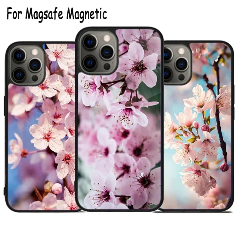 Custodia per telefono Cherry Bloom Sakura con ricarica wireless per iPhone 17 Air 15 16 16e 14 13 11 12 Pro Max Plus, Cover Magnetica Magsafe