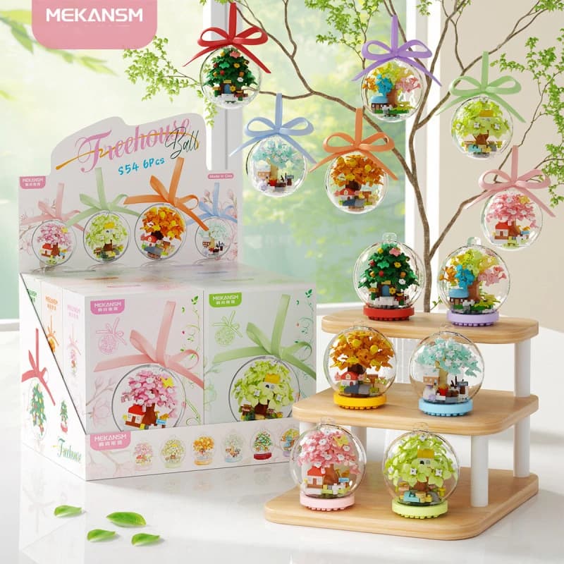 Time Spinning House Street Scene Building Block Cherry Blossom Tree Crystal Ball, Kids' Educational Assembly Toy