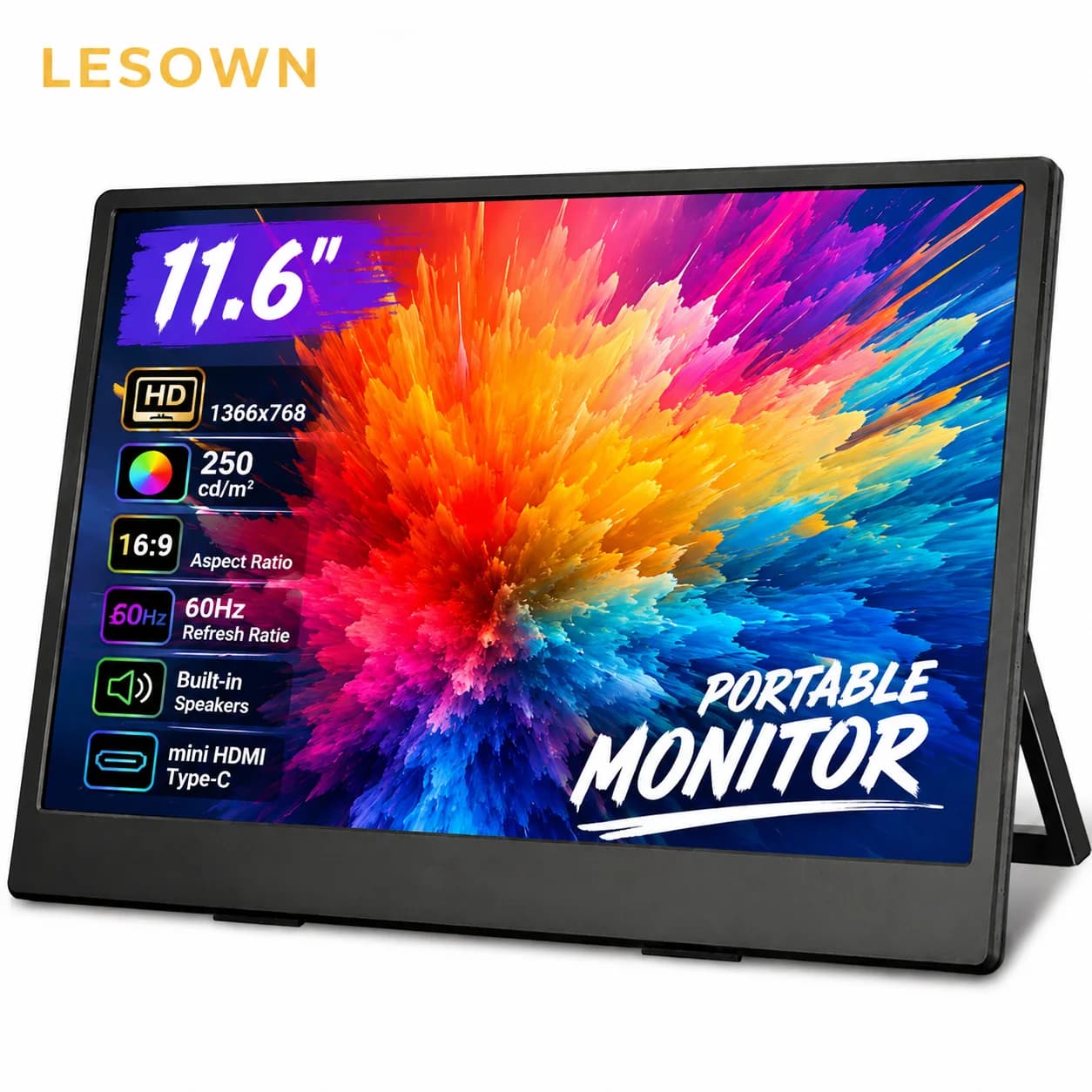 LESOWN HD 11.6 Inch Travel Screen Instant Connection Mobile Display Lightweight Built-in Stand for Dual Monitor Setup