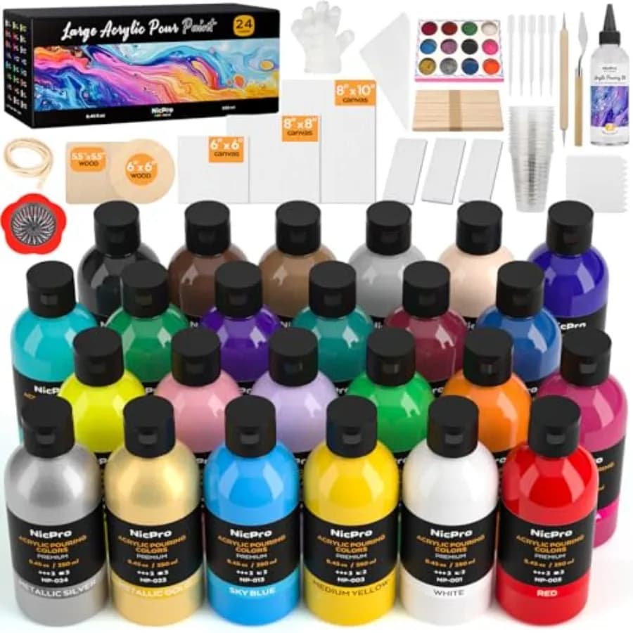 8.45oz Acrylic Pour Paint Supplies Kit, Large Volume Premixed High Flow Painting Bulk Set with Canvas, Wood Natural Slices, Pou