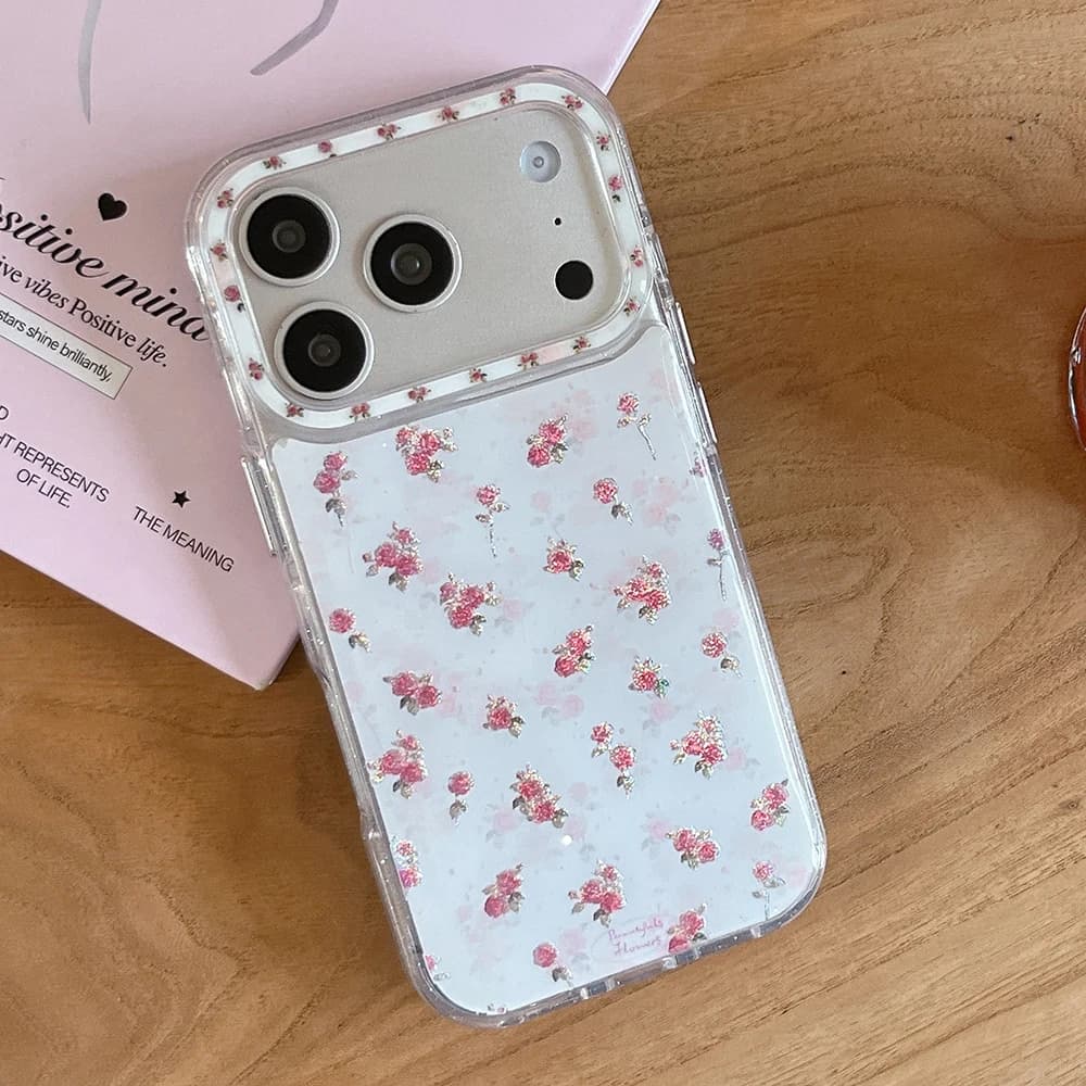 Custodia Morbida Antiurto Coreana Full-Screen con Glitter e Piccoli Fiori Rosa per iPhone 17 16 15 17ProMax 17Pro 16Pro