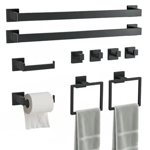 10-Piece Matte Black SUS304 Stainless Steel Bathroom Set: 23.6 Inch Towel Bar, Toilet Paper Holder, Square Rings & Hooks