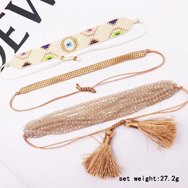 Bohemia Rice Bead Adjustable Bracelet Set Hand-Woven Beige Geometry Devil's Eye Simple Creativity Beaded Jewelry
