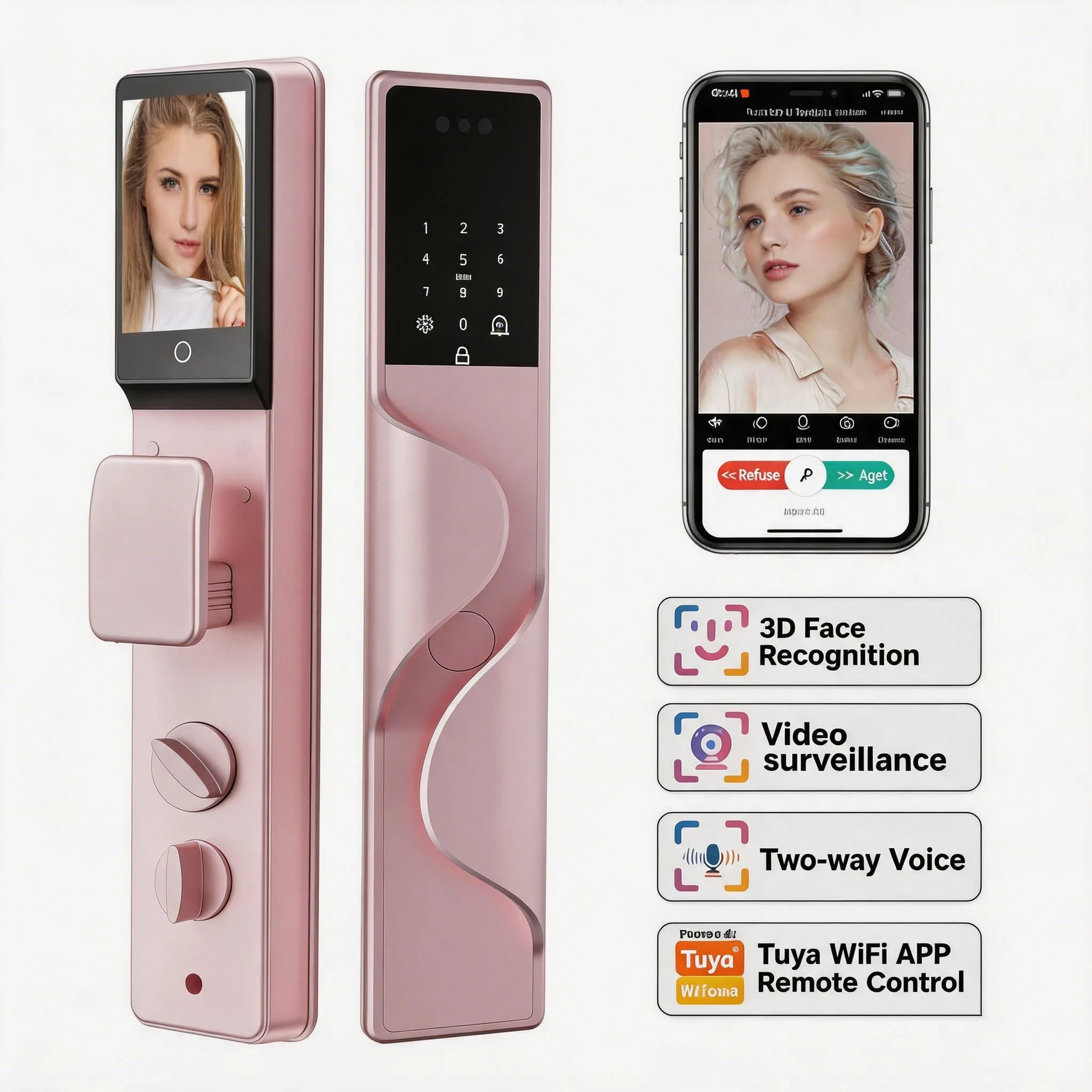 Tuya App WiFi Controlled Smart Door Lock 3D Face & Fingerprint Recognition Aluminum Alloy with Eye Scanner Camera for Wood Door