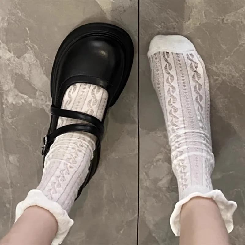 5 paia di calzini Lolita Sweet White Pile Calzini da donna a rete in nylon sottile con fiori di seta e pizzo Calzini da donna vuoti trasparenti