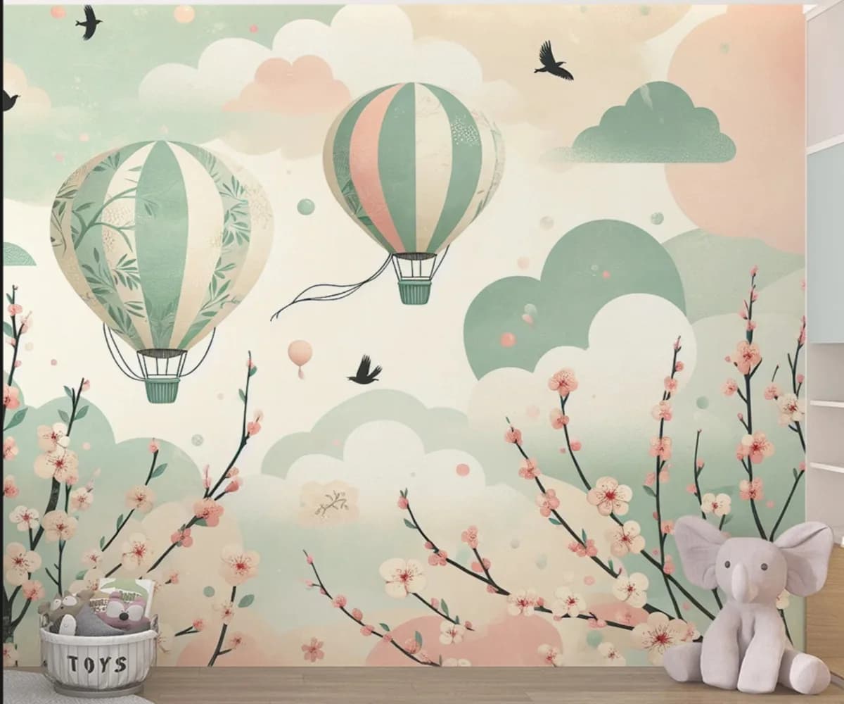 Murale personalizzato dipinto a mano con alce della foresta e mongolfiera, carta da parati per cameretta dei bambini, decorazione per la casa, carta da parati 3D