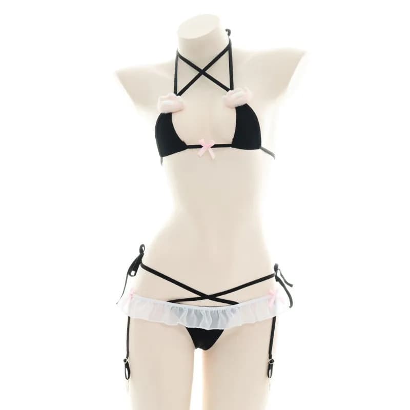 Anime Cute Cat Paw Bra Set Underwear Halter Bandage Lingerie Set Cat Girl Cosplay Dress Women's Underwear Bra Set Set