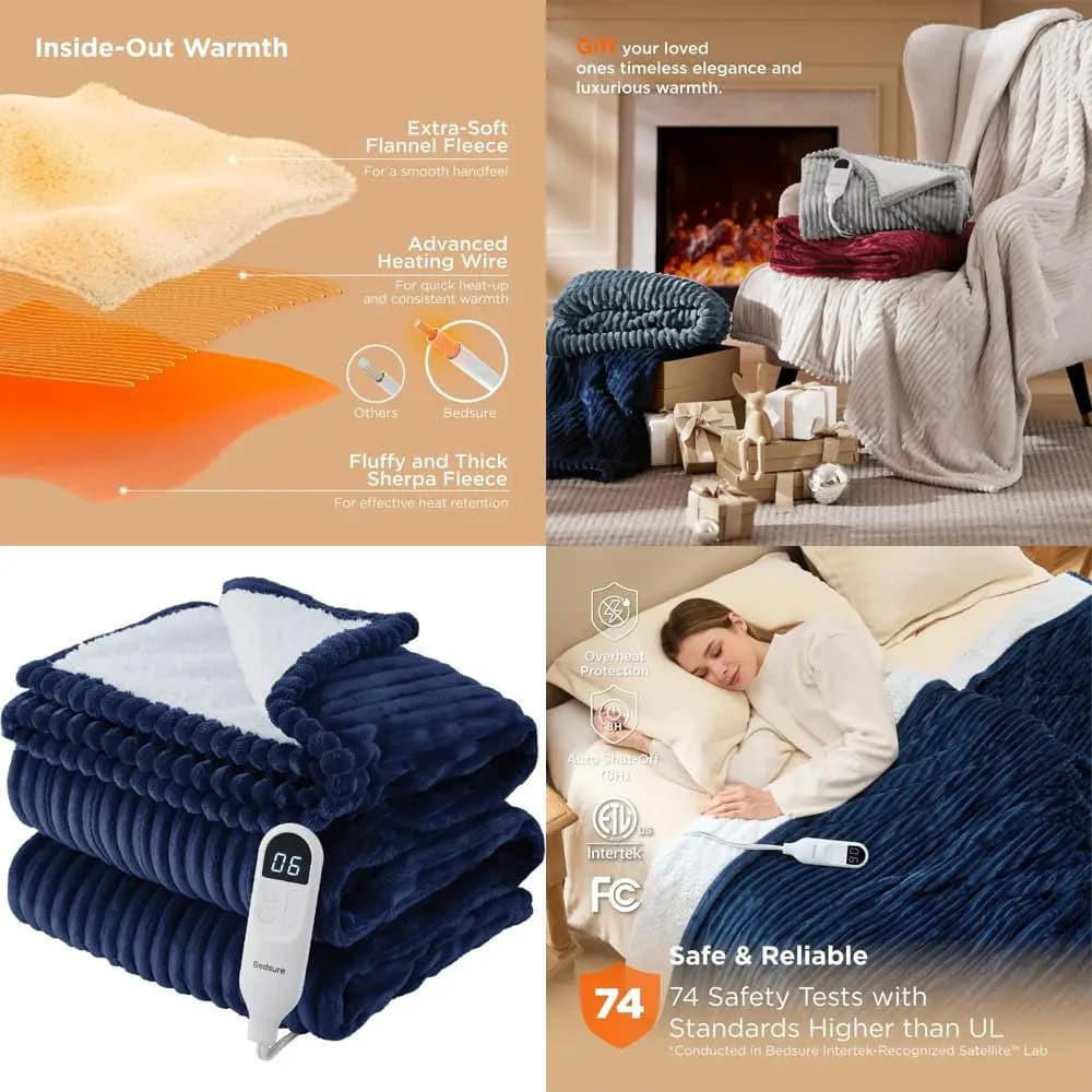 Coperta elettrica doppia misura con 10 timer, 6 livelli di calore e spegnimento automatico, ideale per nonna (62x84, blu scuro)