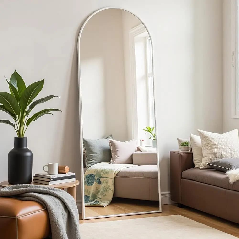 Specchio ad Arco a Figura Intera, 56x20, Autoportante o da Parete, Ideale per Soggiorni e Bagni (Bianco)