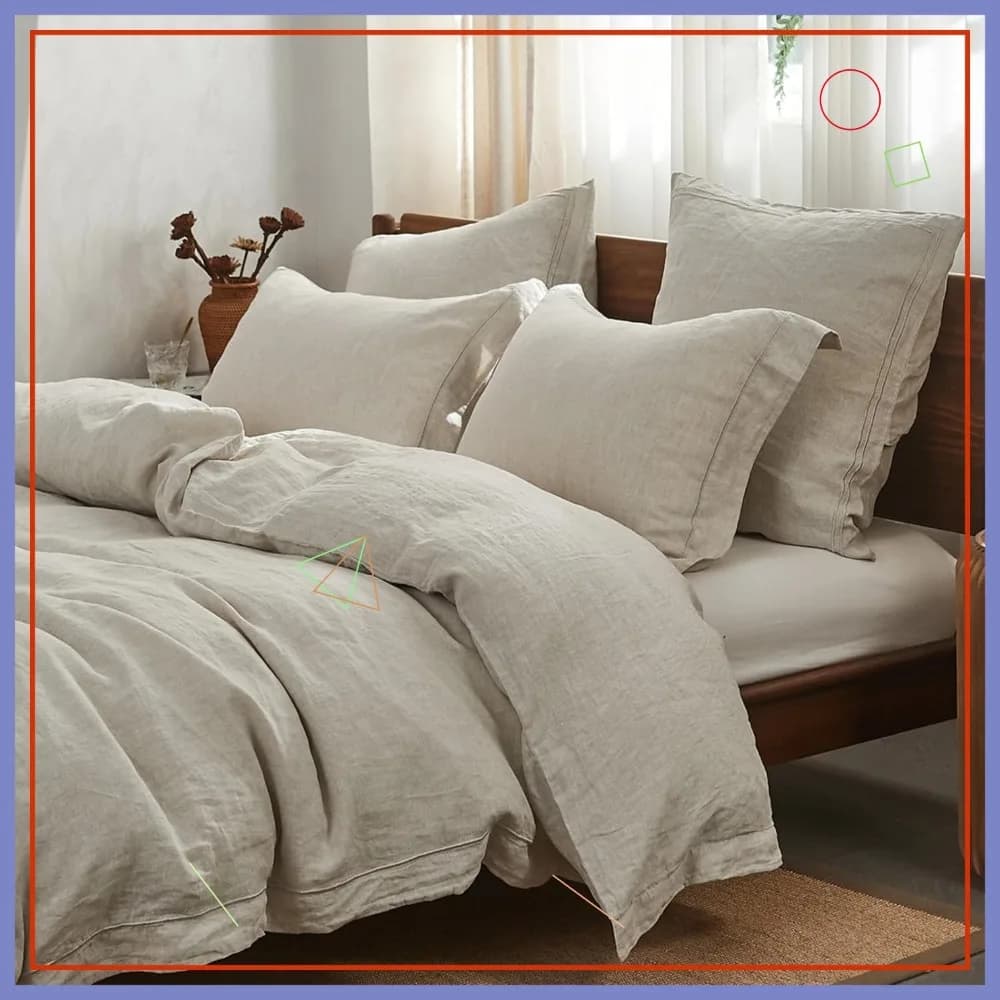 Set Copripiumino in Lino Lavato 100% con Ricami, Set Copripiumino Morbido Stile Rustico 3 Pezzi, Chiusura a Bottoni, Lino Naturale King Size