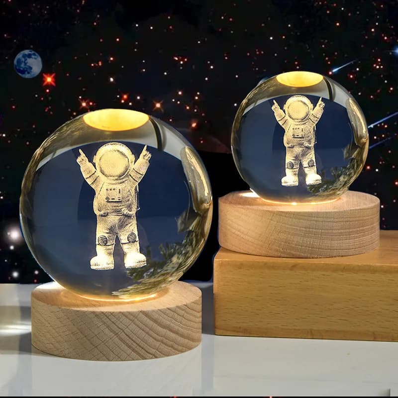 Galaxy Night Lamp in wood with 3D laser etched ornament with 8 cm crystal ball